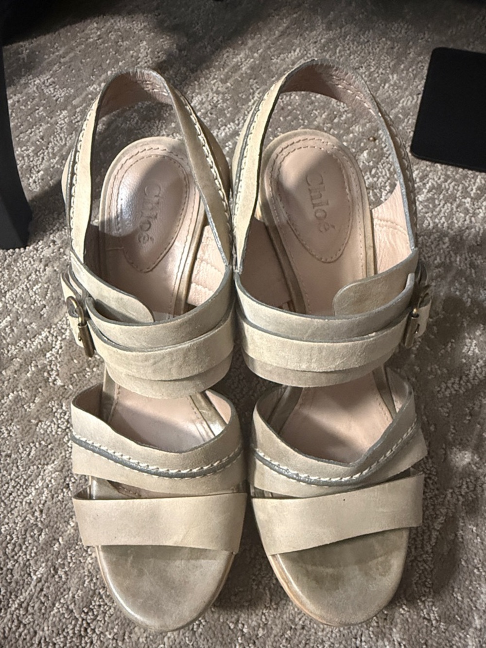 Chloé Neutral Leather Wedge Sandals | 5” Wooden Heel | Beige Strappy Platform - Picture 3 of 9